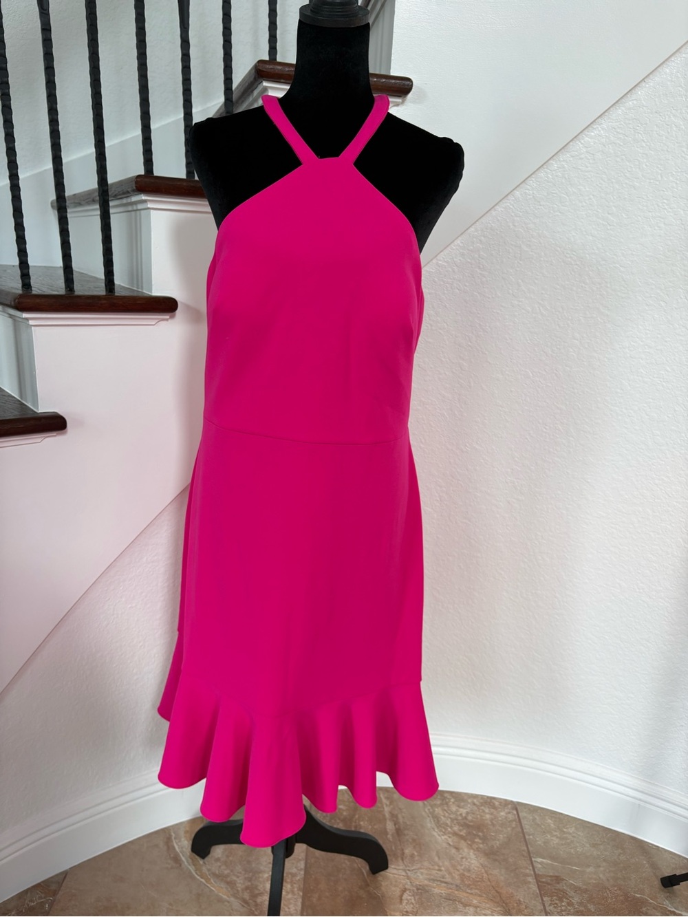 Vince Camuto Bright Fuchsia Halter Midi Dress with Ruffle Hem